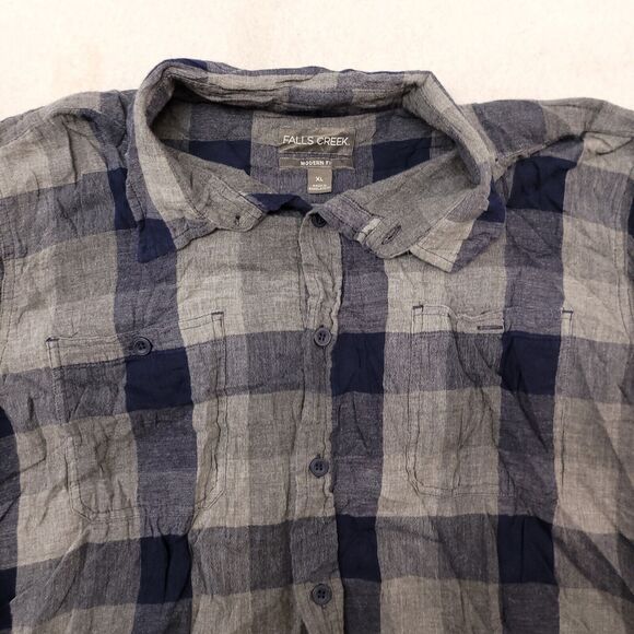 Falls Creek Gingham Flannel Casual Button Up Shirt Mens Size XL Gray Blue - Picture 1 of 10
